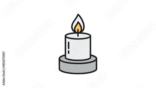 A lit white candle on a gray holder with a bright yellow flame burning on top, simple illustration