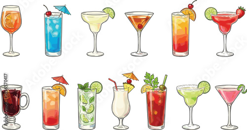 Hand drawn colorful cocktail drinks set featuring tropical, classic, and modern beverages in elegant glasses, perfect for bar menus, party designs, summer promotions, and branding illustrations