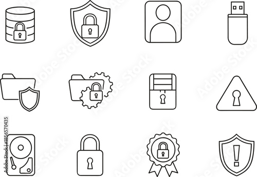 Set of black line cybersecurity icons featuring padlocks shield protection database folder gear lock usb drive hard disk and warning alert symbols for data privacy