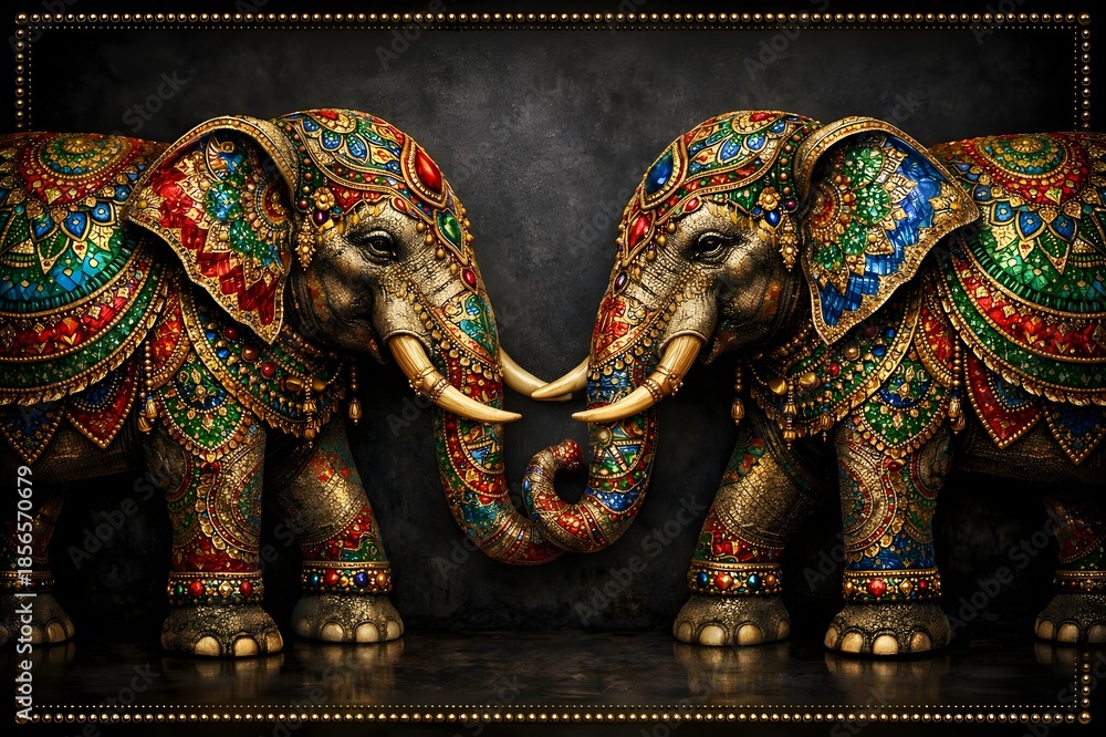 Fototapeta premium Vibrant Ornate Elephant Duo with Intricate Mandala Patterns and Mosaic Art Illustration
