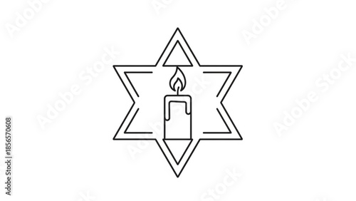 A black line art illustration of a lit candle inside a six pointed star on white background symbolizing faith hope and spirituality in a simple