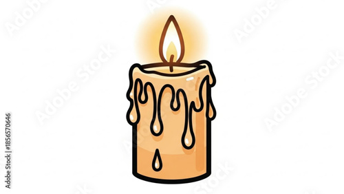 A warm glowing orange candle with melted wax drips on the sides and a bright flame burning on top for ambiance and decoration