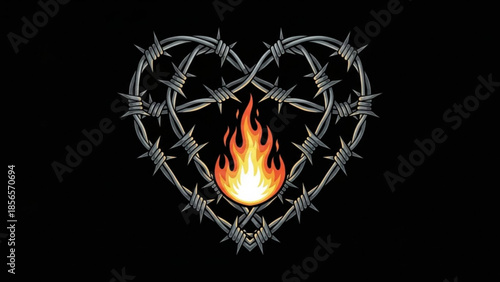 Heart shaped barbed wire with flame isolated on black background symbolizing passion and danger