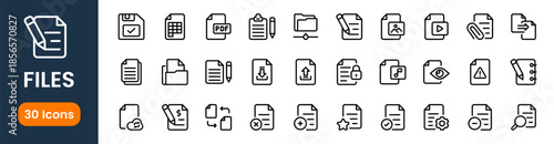 Files icon set, document folder file symbols, data storage management icons, modern flat vector illustrations for web and app design