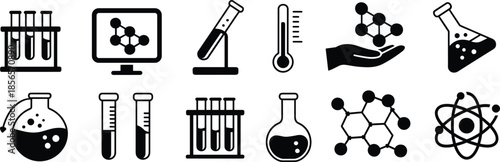 science icons featuring test tubes, flasks, molecules, atomic models, and laboratory tools for chemistry, education, and research projects