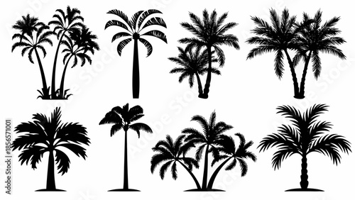 Collection of diverse palm tree silhouettes in black