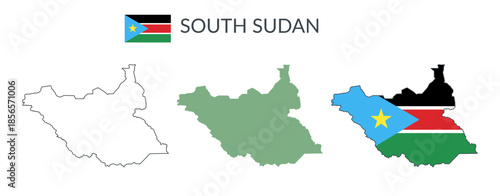 South Sudan geographical borders isolated on white background. Flag of South Sudan. Vector flat cliparts.