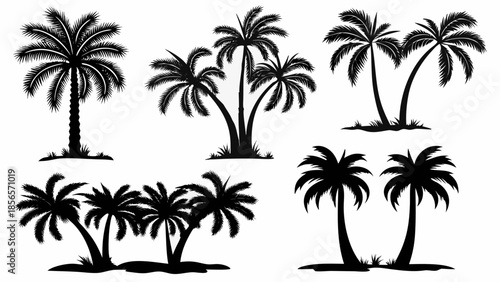 Set of tropical palm tree silhouettes on white background
