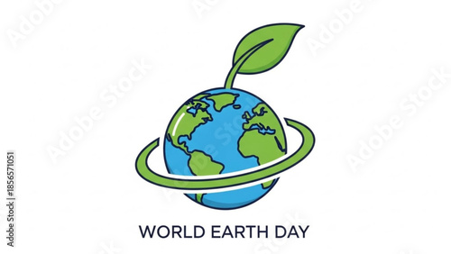 Earth day illustration with green planet and sprouting leaf symbolizing environmental conservation and sustainability efforts worldwide