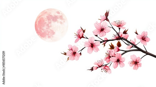 Wallpaper Mural Pink Cherry Blossom Branch Under Bright Full Moon with Soft White Background Torontodigital.ca