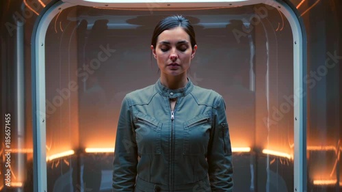 Scientist woman in frosty capsule, Contemplative female in scientific cryogenic pod, Female scientist patiently awaiting induction inside hightech cryogenic storage unit under warm orange glow