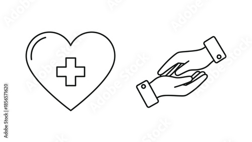 Simple line art icons representing health donation care charity and giving support hands
