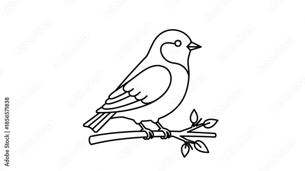 Fototapeta premium Simple black and white outline drawing of a small songbird perched upon a delicate leafy branch