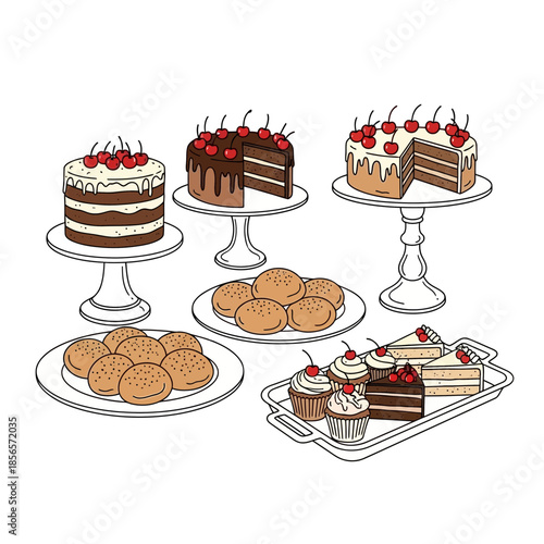 Dessert Cakes and Cupcakes Illustration – Bakery Sweets Display for Food & Pastry Design