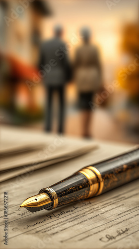 Fountain pen resting on signed contract, elderly couple blurred in background, symbol of trust commitment and future.

