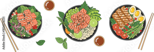 Healthy Asian food bowl illustration set with salmon, rice, vegetables, chopsticks, and dipping sauce, modern flat vector design for menu, restaurant, and nutrition concepts