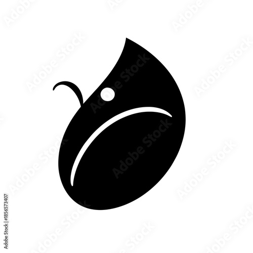 A stylized black and white illustration of a sad leaf or teardrop shape graphic design element