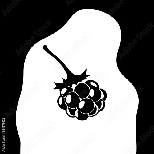 A stylized black and white vector illustration of a blackberry fruit isolated on a white shape