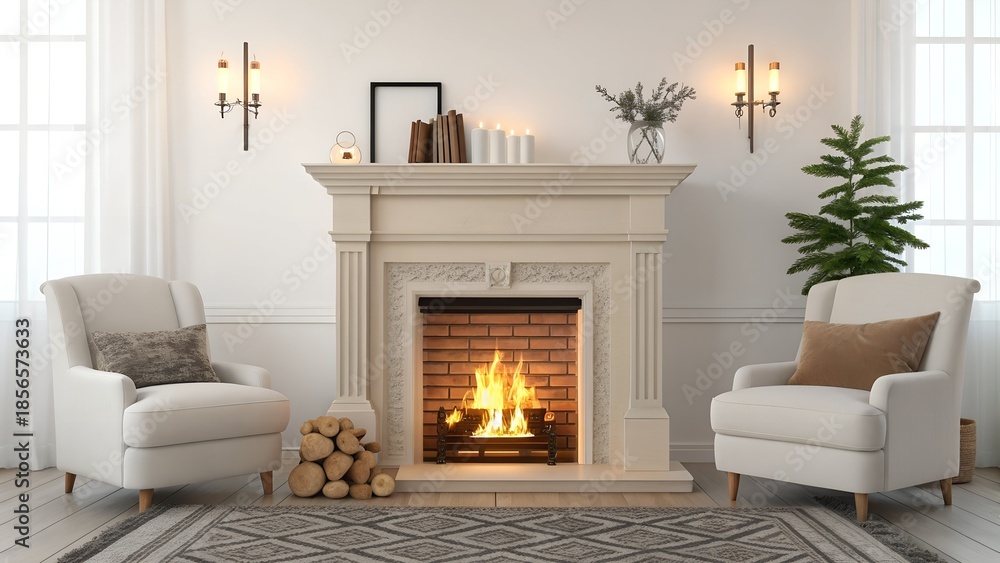 Fototapeta premium Cozy living room with fireplace and Christmas tree