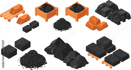 Isometric coal and mining resources illustration, raw materials, fuel energy, industrial minerals, extraction, storage, heavy industry, resource management concept