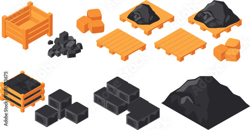 Isometric coal and mining resources illustration, raw materials, fuel energy, industrial minerals, extraction, storage, heavy industry, resource management concept
