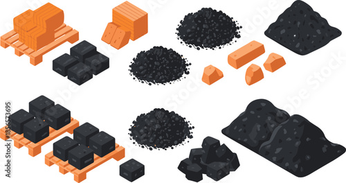 Isometric coal and mining resources illustration, raw materials, fuel energy, industrial minerals, extraction, storage, heavy industry, resource management concept