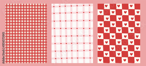 Retro whimsical pattern backgrounds with gingham checks and hearts. Charming hand drawn textures for Valentine packaging, cozy stationery, scrapbooking, and playful surface design. Vector illustration
