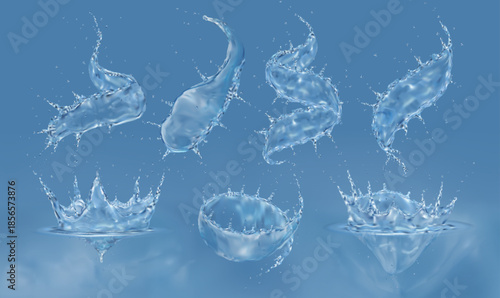 Water splash. 3D drop, sea liquid. Wave swirl set. Plop in fluid. Flow whirlpool. Transparent ripple. Aqua spatter. Blue scatters. Falling aqua with droplets in motion. Vector exact realistic elements