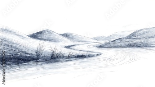 Minimalist sketch of hills with flowing river high resolution picture