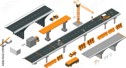 Isometric highway construction illustration, bridge building process, road infrastructure development, heavy machinery, transportation engineering, urban construction project concept