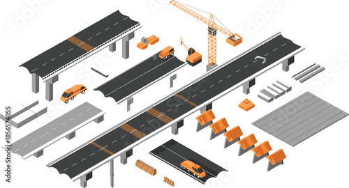 Isometric highway construction illustration, bridge building process, road infrastructure development, heavy machinery, transportation engineering, urban construction project concept