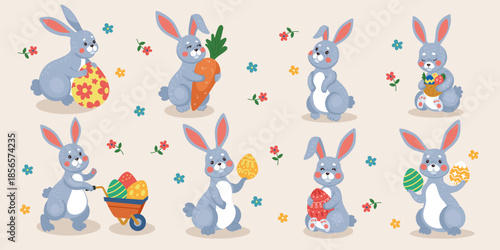 Easter bunny. Rabbit with egg. Baby play. Bunny in form of chick. Cartoon isolated element. Holiday spring template. Doodle flowers background. Playful spring celebration. Vector kids tidy design set
