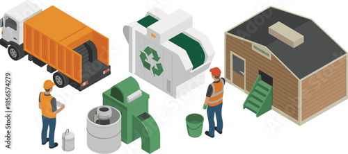 Isometric recycling plant illustration, waste management process, garbage truck, eco factory, recycling equipment, sustainability, environmental protection, green industry concept