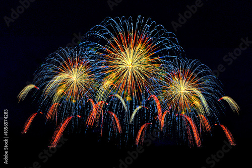 Colorful Fireworks Isolated on black sky background.