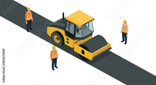Isometric road construction illustration, asphalt roller machine, construction workers, highway paving, infrastructure development, civil engineering, transportation project concept