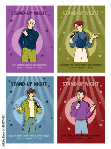 Stage monologue. Comedy show. Artists club performance, woman holding microphone. Humorous illustration of joke telling. Posters and greeting design show entertainment. Vector comic happy characters