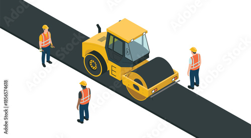 Isometric road construction illustration, asphalt roller machine, construction workers, highway paving, infrastructure development, civil engineering, transportation project concept