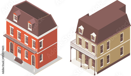 Isometric Victorian houses illustration, classic townhomes, historic residential architecture, vintage buildings, urban real estate, traditional design, property concept