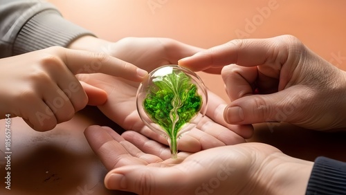 Diverse Hands Holding Liquid Glass Seedling with Metallic Patterns