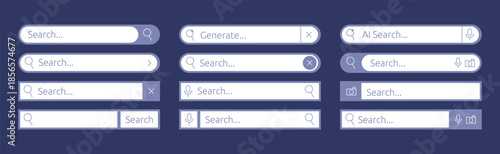 Interface button. Search information field in browser. Web navigation bar. Internet template. Network icon for website. Technology digital panel. Online form box. UI elements set. Vector garish layout
