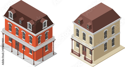 Isometric Victorian houses illustration, classic townhomes, historic residential architecture, vintage buildings, urban real estate, traditional design, property concept