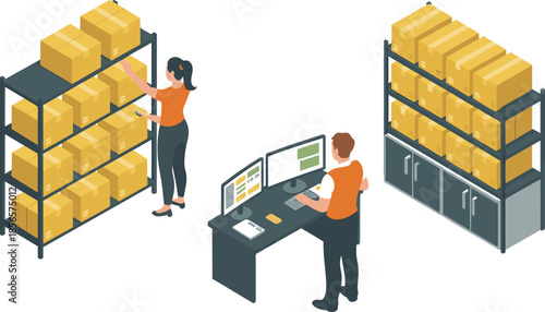 Isometric warehouse inventory management illustration, workers organizing boxes, logistics supply chain, storage, stock control, order fulfillment, distribution, business operations concept