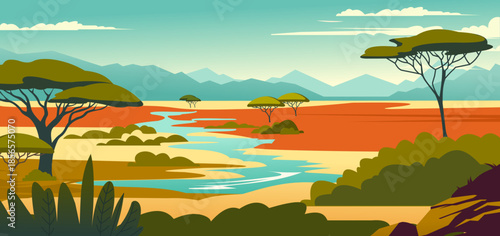 Zoo park. African safari. Wild nature landscape. Mountains at horizon. River summer scenery. Trees and bushes. Scenic wilderness panorama. Savanna environment in Africa. Vector savannah background