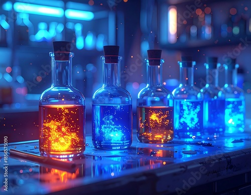 Glass bottles with colorful liquids in a futuristic science lab