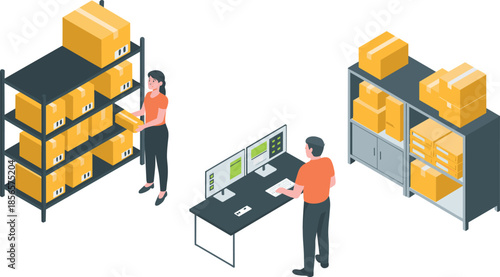 Isometric warehouse inventory management illustration, workers organizing boxes, logistics supply chain, storage, stock control, order fulfillment, distribution, business operations concept