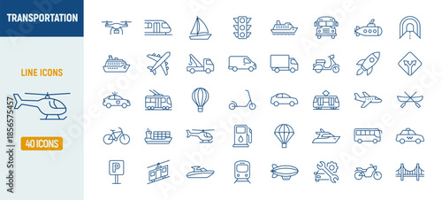 Transport bus truck train public line icons set. Motorcycle vehicle subway car bicycle plane outline symbol icon