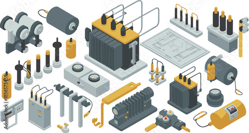 Isometric, electrical, components, illustration, showing, transformer, equipment, power, engineering, industrial, energy, system, technology, electricity, infrastructure, utility, hardware,
