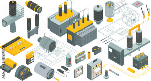 Isometric, electrical, components, illustration, showing, transformer, equipment, power, engineering, industrial, energy, system, technology, electricity, infrastructure, utility, hardware, 