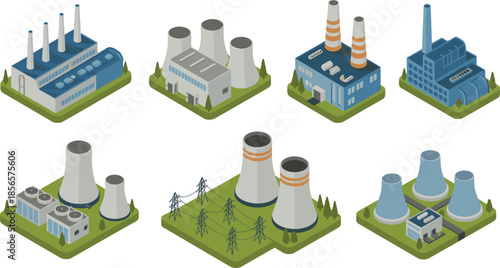 Isometric, industrial, power, plants, illustration, showing, factories, energy, generation, stations, electricity, infrastructure, cooling, towers, grid, production, facilities, technology, utilities.