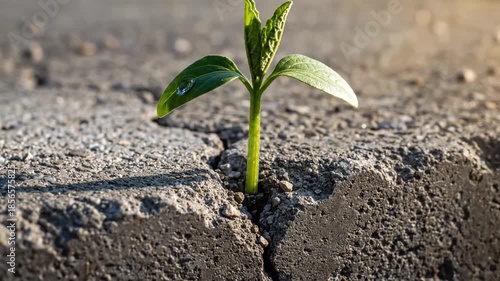 Tiny green sprout emerges from crack in concrete, symbolizing hope and resilience